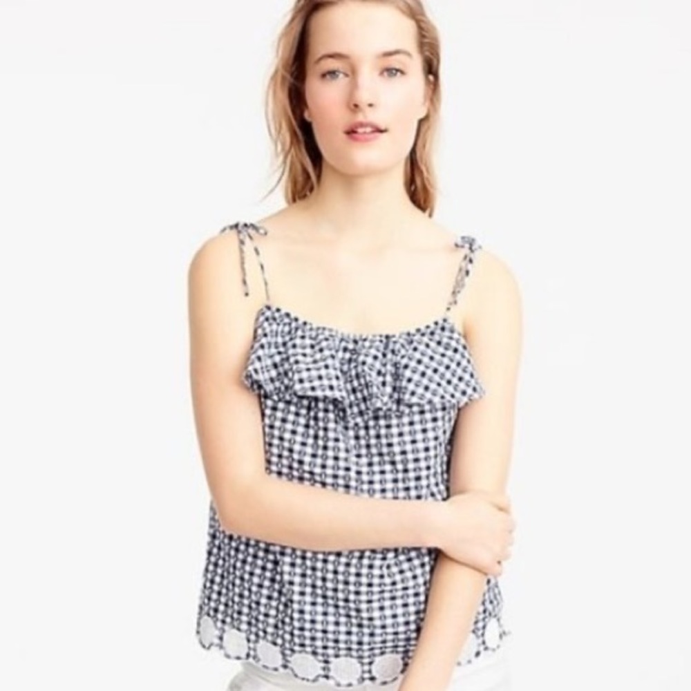J. Crew Blue Gingham Tie Shoulder Ruffle Tank Top